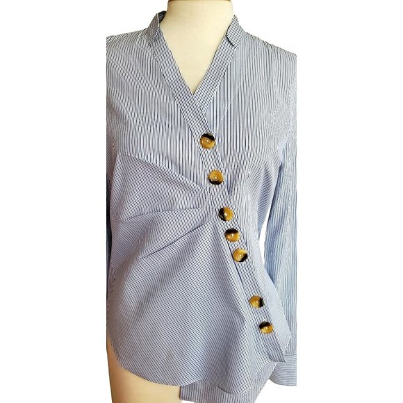 Tibi  Blue Jones Asymmetric Striped Shirt Tortoiseshell Buttons Sz 4 - Picture 5 of 11